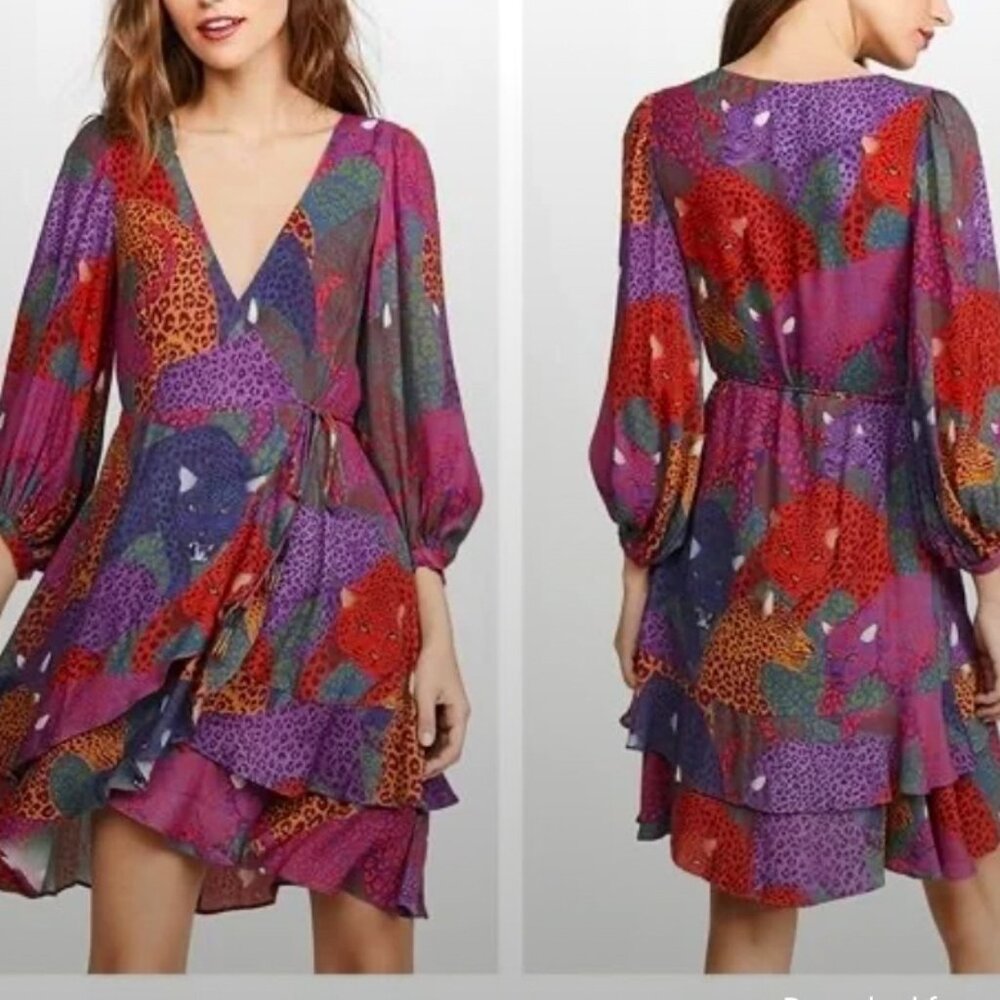 Farm Rio Women's Multicolor Rainbow Jaguar Wrap Dress, NWT, size L
